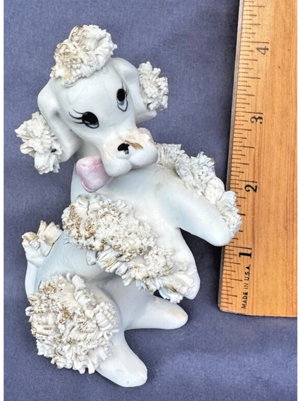 Spaghetti Poodle Figurine 4.75” MCM Blue Hue Standing Pink Bow Dog